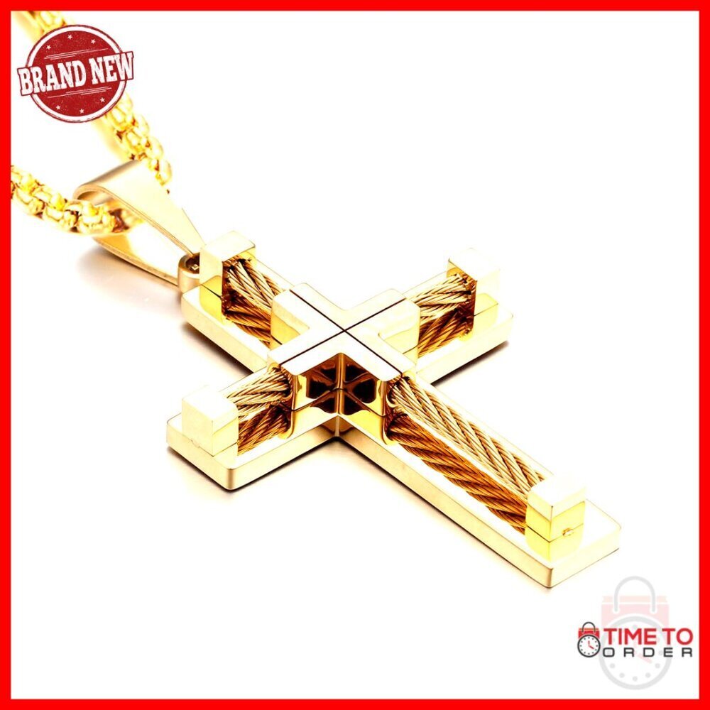 Stainless Steel Cross Pendant Necklace with Rolo Chain for Men